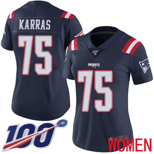 New England Patriots Football #75 100th Season Rush Vapor Limited Navy Blue Women Ted Karras NFL Jersey